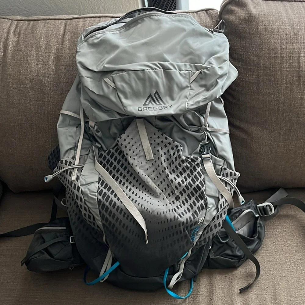 Gregory Light Gray Hiking Backpack with Blue Accents